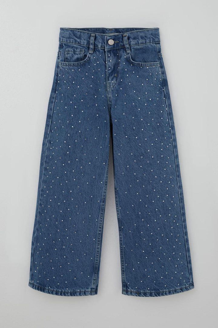 BRE Breeze Girl's Jeans with Stone Accessories, Zippered Pockets, 5-9 Years, Blue - Basildon