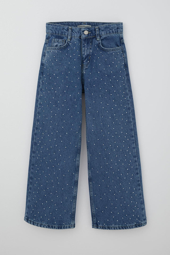 BRE Breeze Girl's Jeans with Stone Accessories, Zippered Pockets, 104 Years, Blue - Duncanville