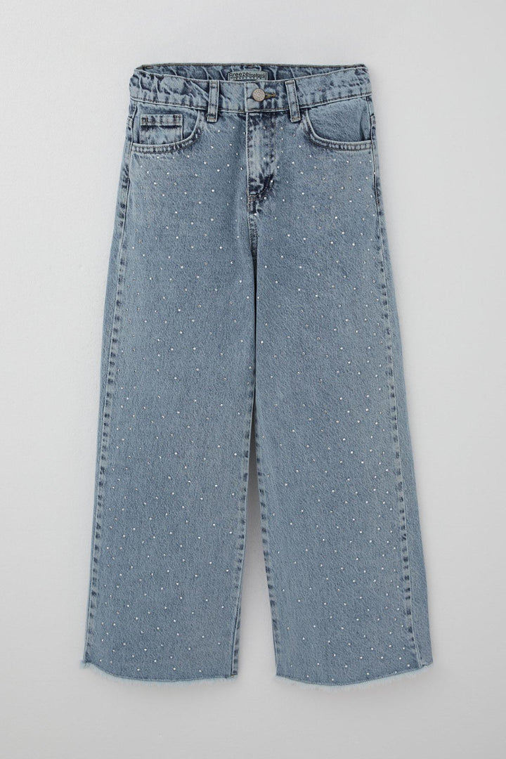 BRE Breeze Girl's Jeans with Stone Accessories and Tassel Detail on Hem, 104 Years, Light Blue - Alhaurín de la Torre