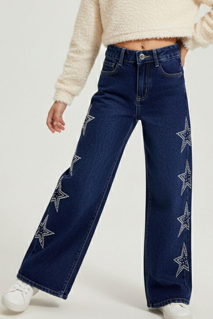 BRE Breeze Kız Çocuk Jean Pantolon Taşlı Yıldız Baskılı 5-9 Yaş, Koyu Mavi - Ourense