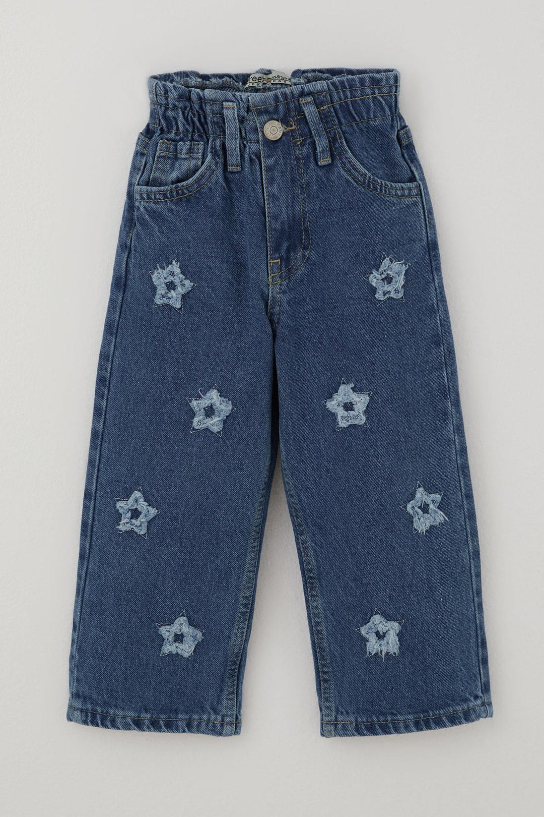 BRE Breeze Kız Çocuk Jean Pantolon Yıldız Nakışlı Beli Lastikli Düğmeli 1.5-5 Yaş, Mavi - Stafford