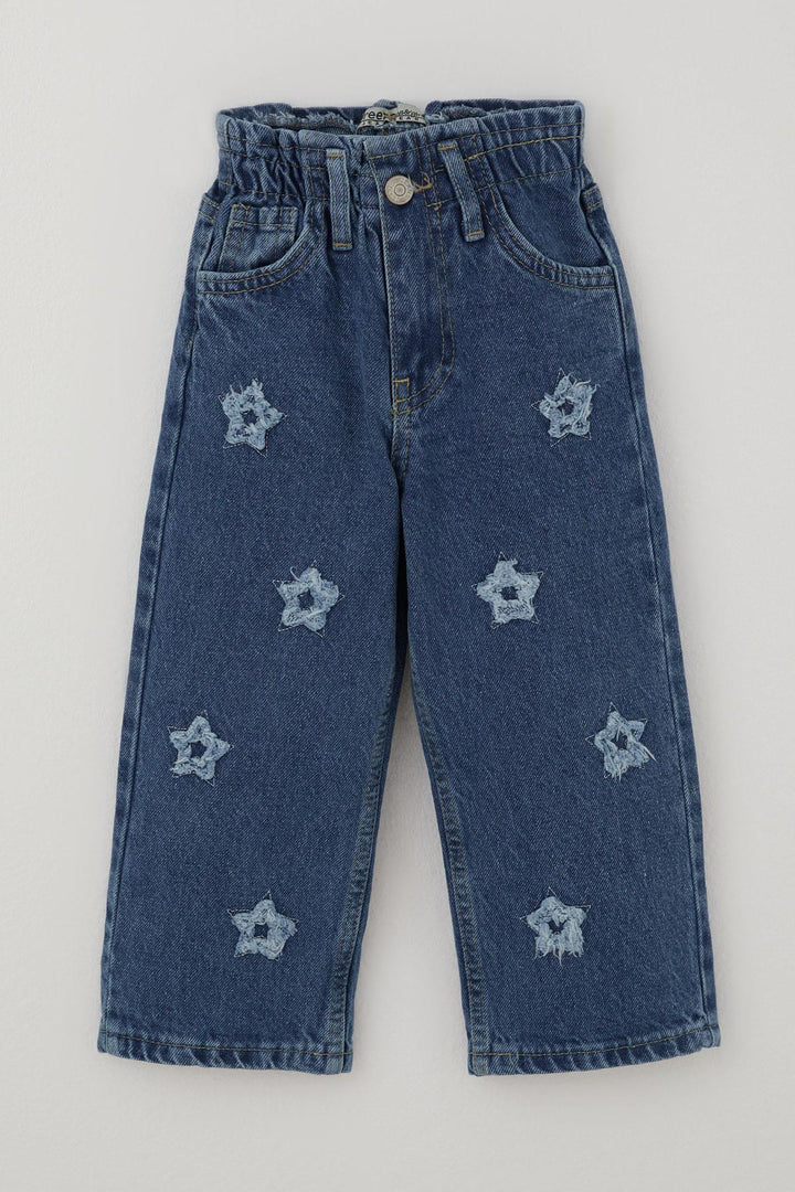 BRE Breeze Kız Çocuk Jean Pantolon Yıldız Nakışlı Beli Lastikli Düğmeli 1.5-5 Yaş, Mavi - Stafford