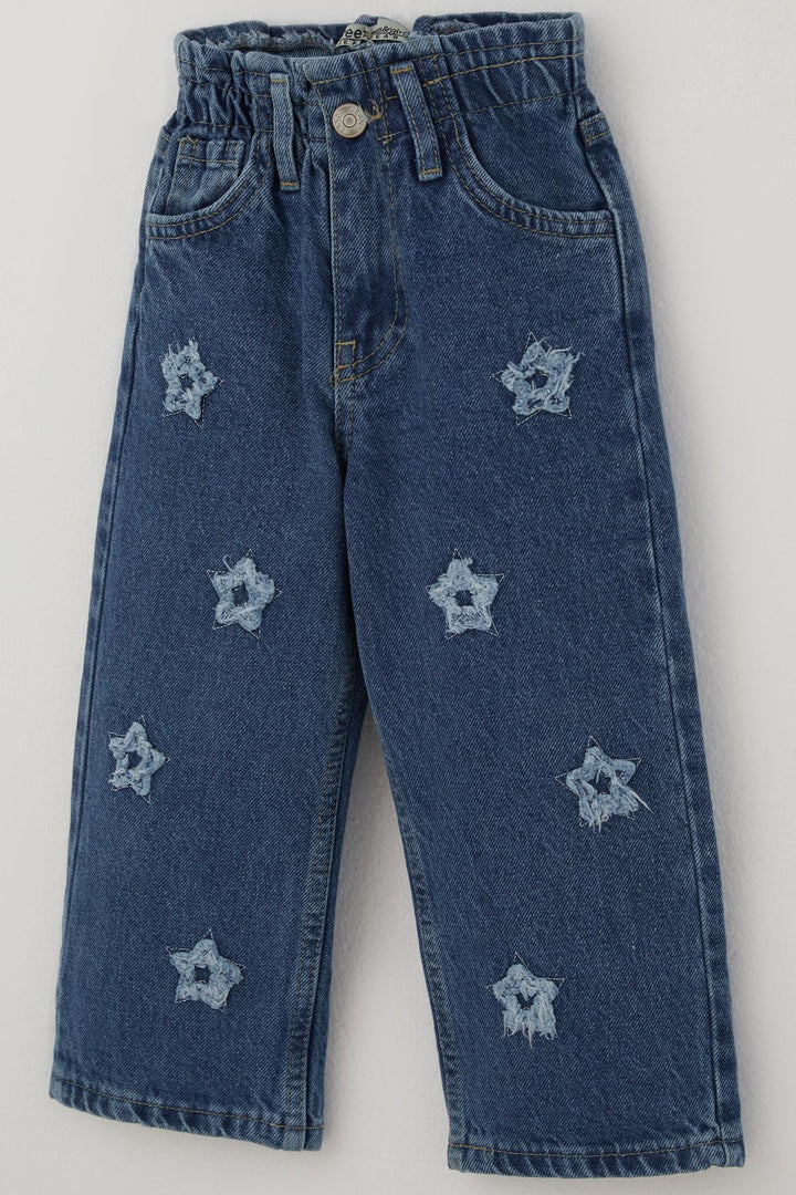 BRE Breeze Kız Çocuk Jean Pantolon Yıldız Nakışlı Beli Lastikli Düğmeli 1.5-5 Yaş, Mavi - Stafford