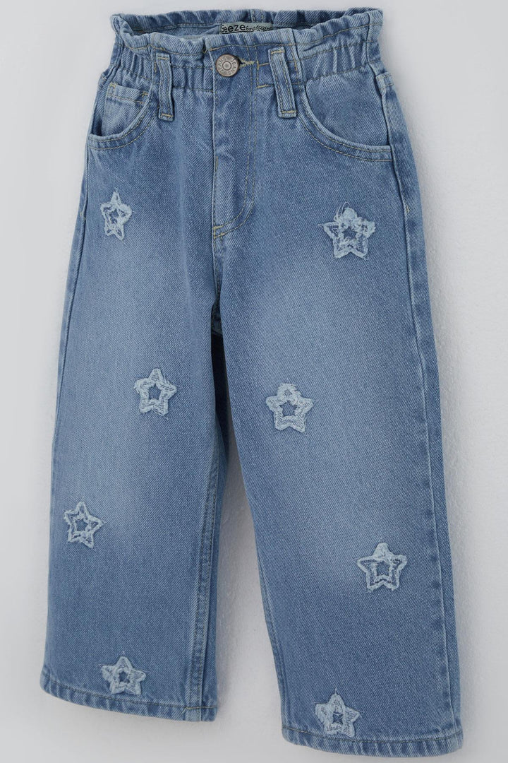 BRE Breeze Girl Child Jeans Pants with Star Embroidery Elastic Waist Buttoned 1.5-5 Years, Light Blue - Burlington