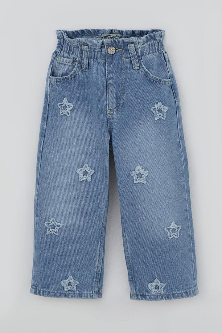 BRE Breeze Girl Child Jeans Pants with Star Embroidery Elastic Waist Buttoned 1.5-5 Years, Light Blue - Burlington