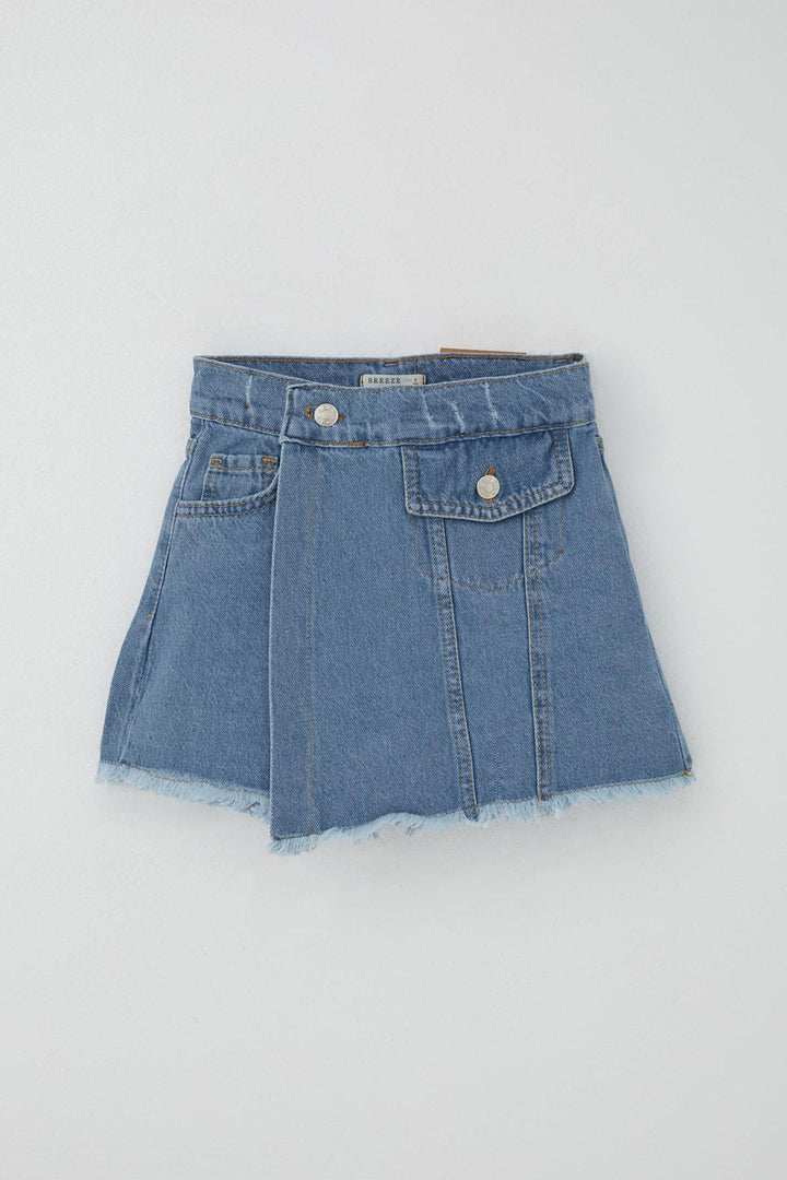 BRE Breeze Girl Child Denim Shorts Skirt with Pocket Detail Buttoned Fringed 40 Years, Blue - Westminster
