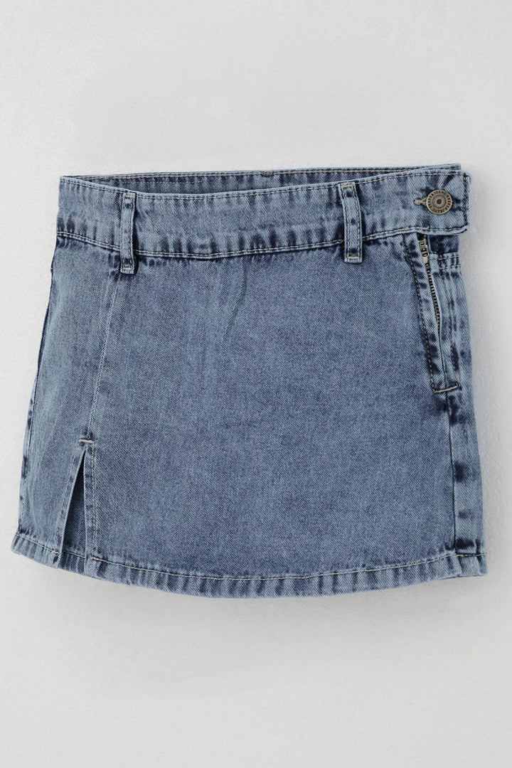 BRE Breeze Girl Child Denim Shorts Skirt with Pockets Button Detail 50 Years, Blue - Playa del Carmen