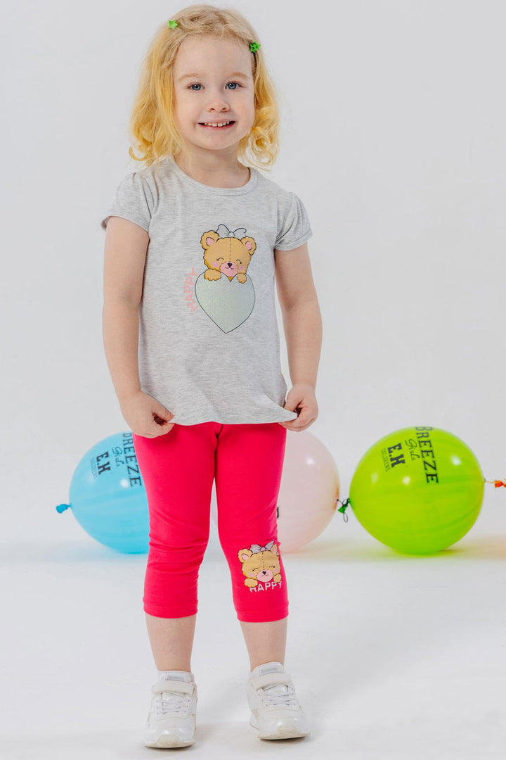 BRE Breeze Girl Child Capri Leggings Set Happy Bear Printed Heart 1-4 Years, Light Grey Melange - Florence