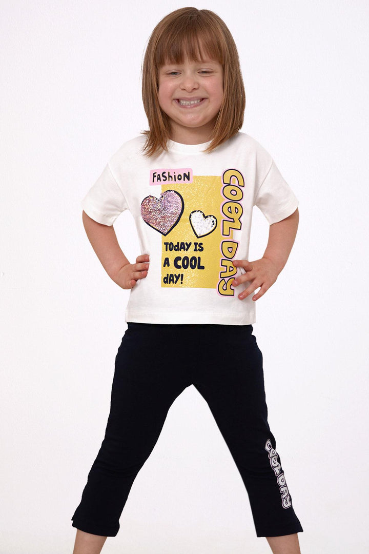 BRE Breeze Girl Capri Leggings Set with Sequined Shiny Printed Text, 50 Years, Beige - Poti