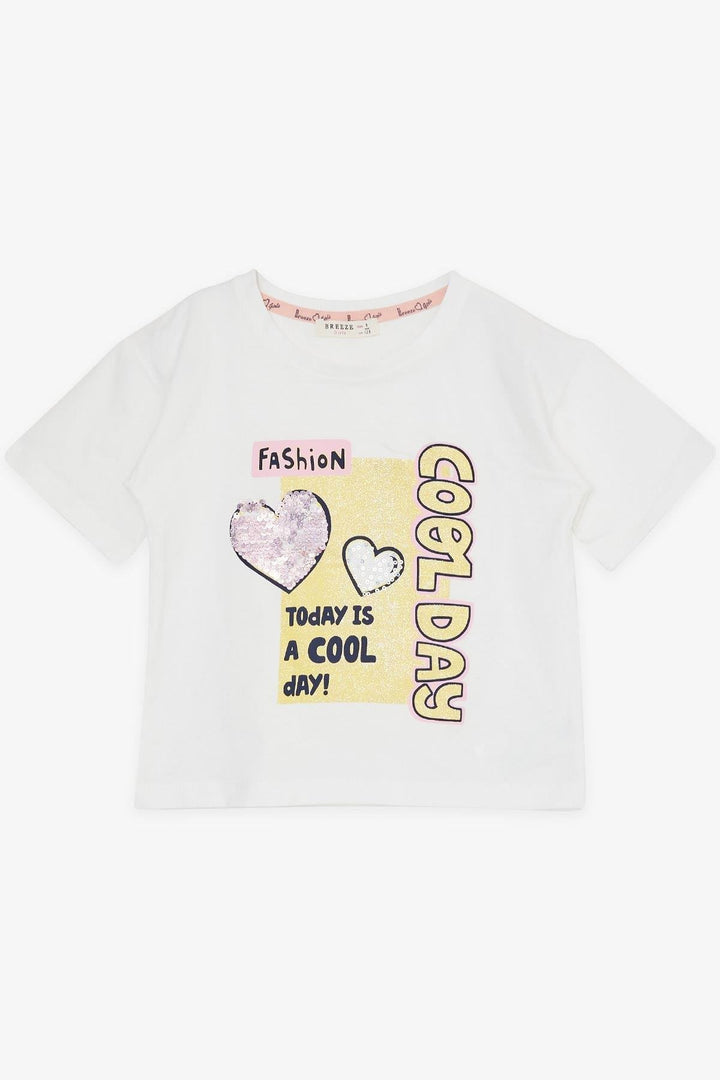 BRE Breeze Girl Capri Leggings Set with Sequined Shiny Printed Text, 50 Years, Beige - Poti