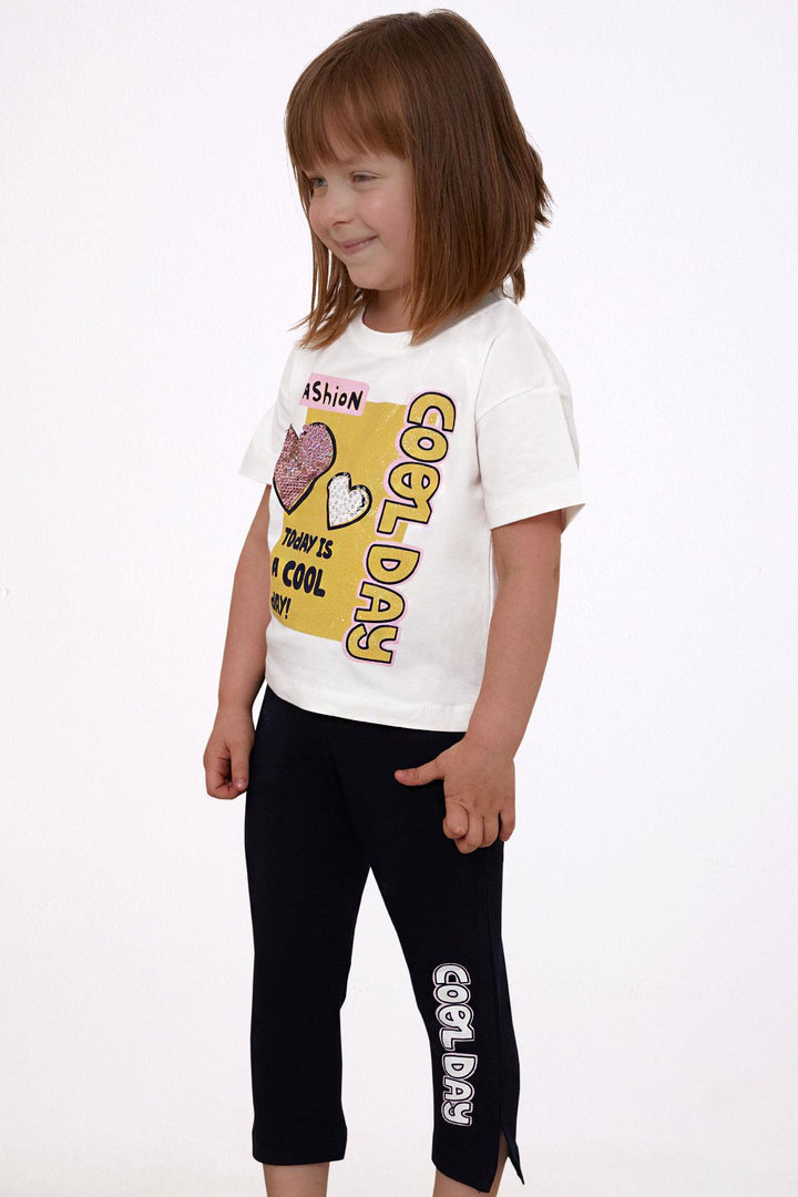 BRE Breeze Girl Capri Leggings Set with Sequined Shiny Printed Text, 50 Years, Beige - Poti