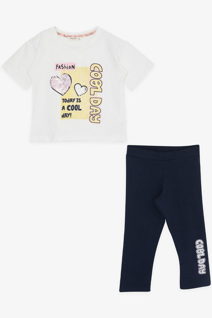 BRE Breeze Girl Capri Leggings Set with Sequined Shiny Printed Text, 50 Years, Beige - Poti