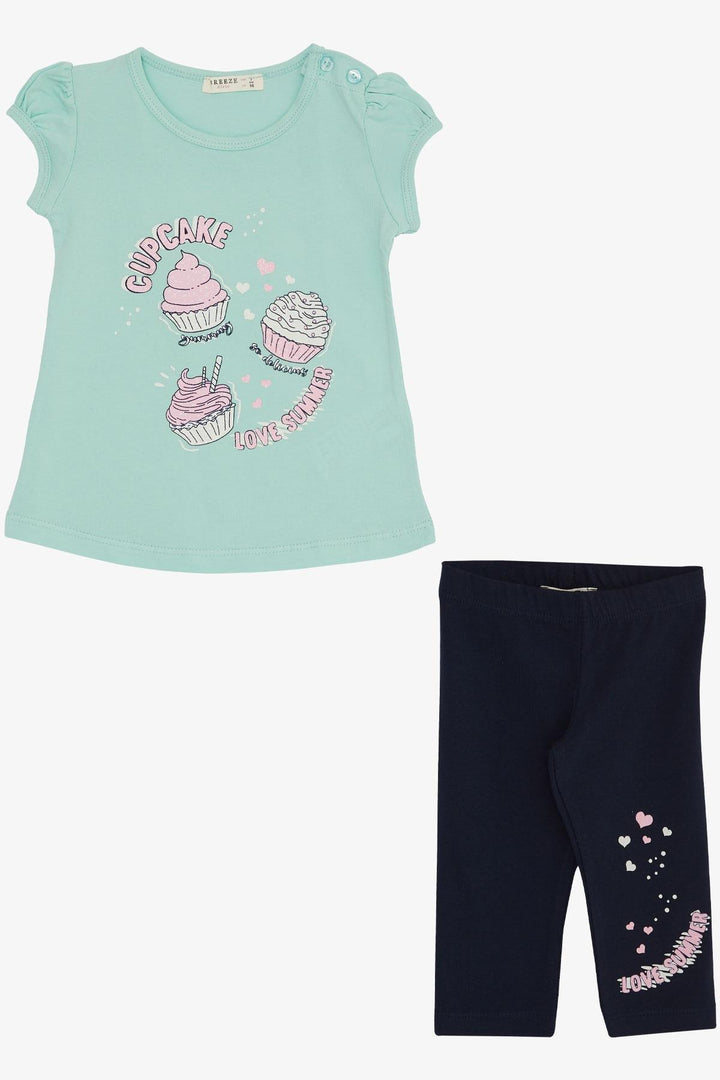 BRE Breeze Girl Child Capri Leggings Set Summer Themed Cupcake Printed 1.5-5 Years, Aqua Green - Turda
