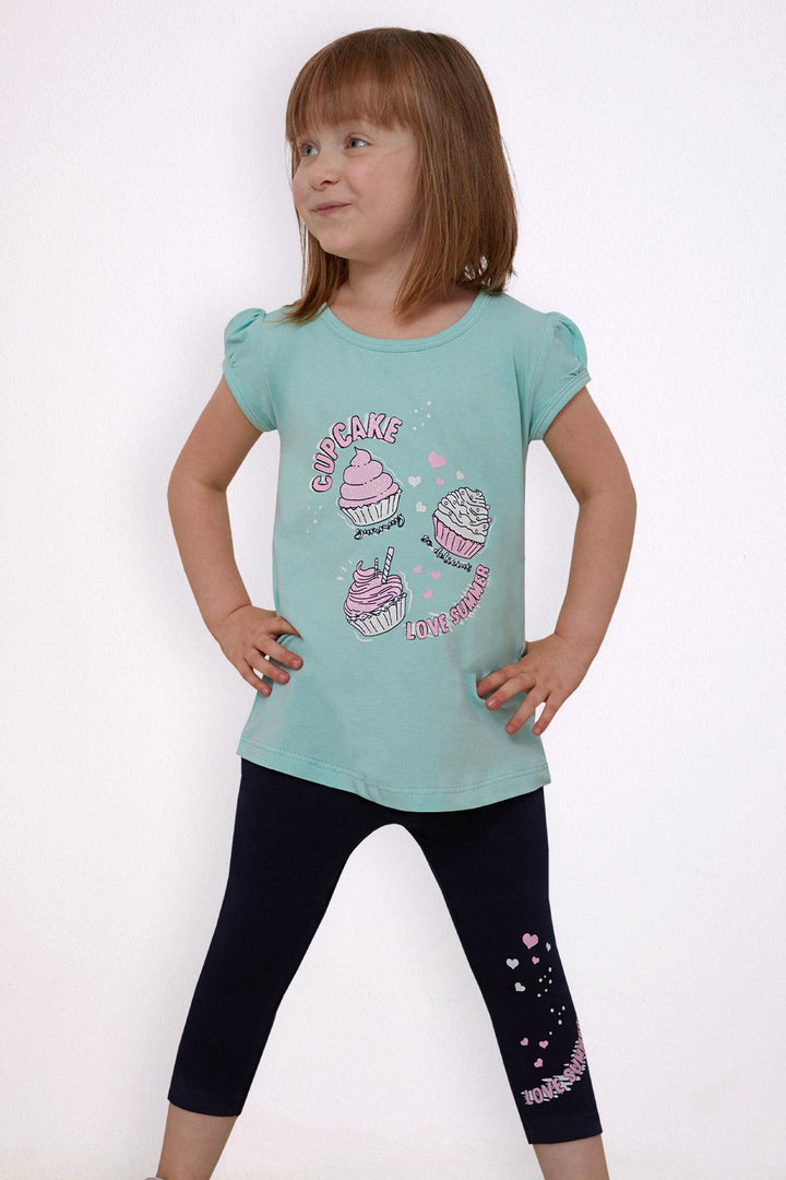 BRE Breeze Girl Child Capri Leggings Set Summer Themed Cupcake Printed 1.5-5 Years, Aqua Green - Turda