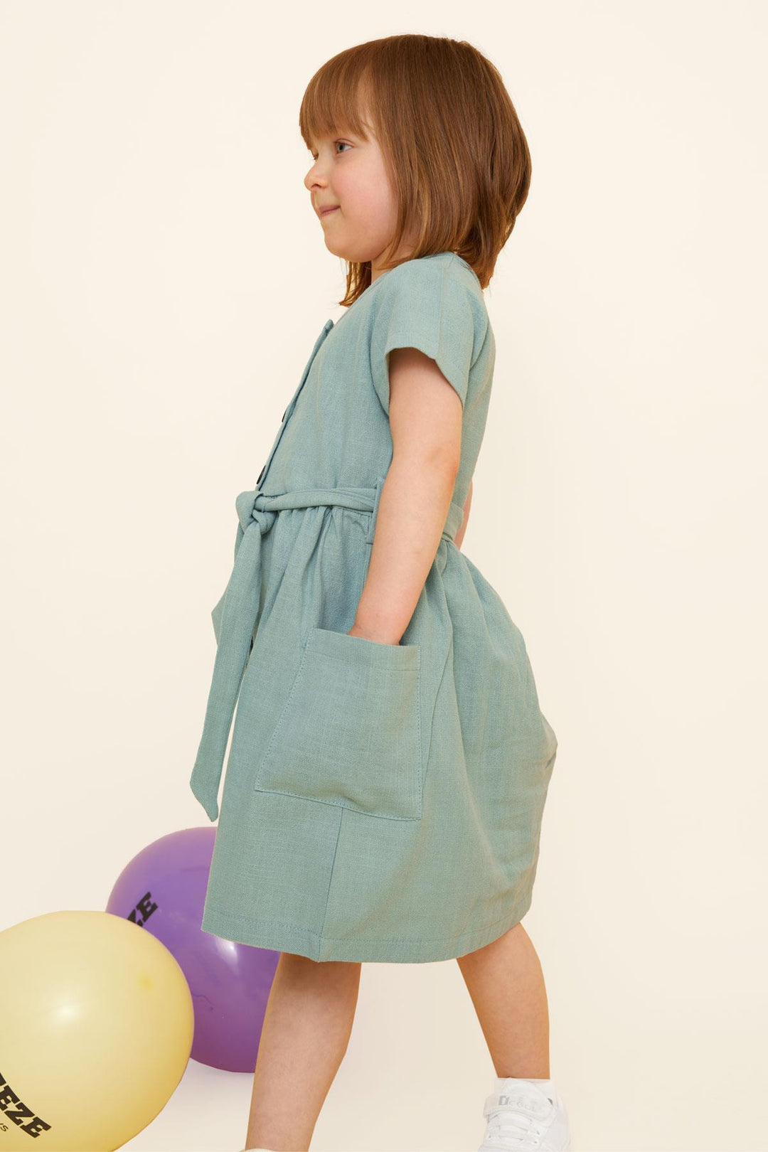 BRE Breeze Girl's Linen Dress with Buttons on the Sides Pockets 1.5-5 Years, Mint Green - Toretsk