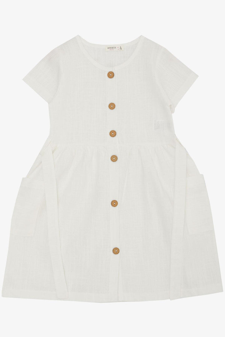BRE Breeze Girl's Linen Dress with Buttons on the Sides Pockets, 62 Years, Ecru - Sankt Gallen