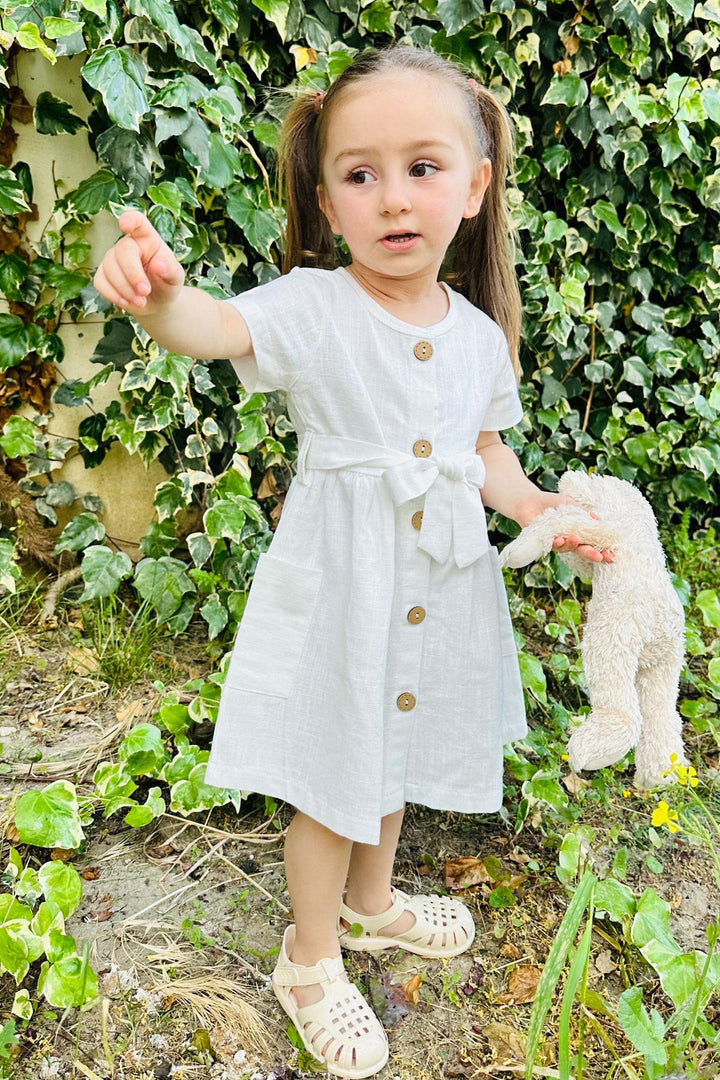 BRE Breeze Girl's Linen Dress with Buttons on the Sides Pockets 1.5-5 Years, Ecru - Bayonne