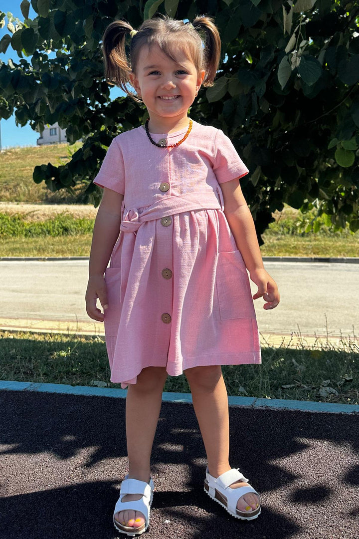 BRE Breeze Girl Child Linen Dress Buttoned Sides with Pockets 1.5-5 Years, Pink - Villafranca del Panadés