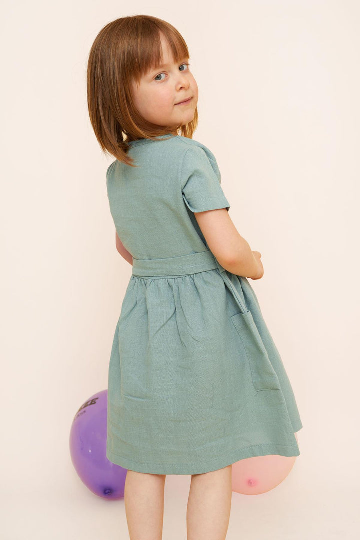 BRE Breeze Girl's Linen Dress with Buttons on the Sides Pockets 1.5-5 Years, Mint Green - Toretsk