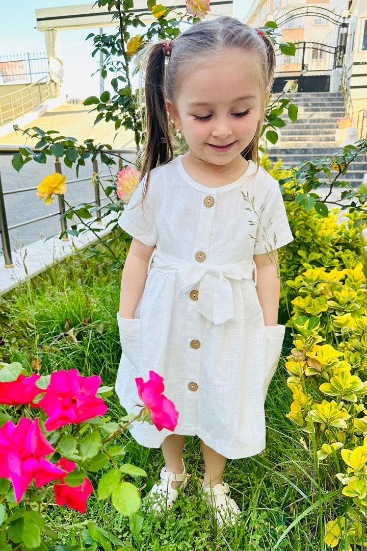 BRE Breeze Girl's Linen Dress with Buttons on the Sides Pockets 1.5-5 Years, Ecru - Bayonne