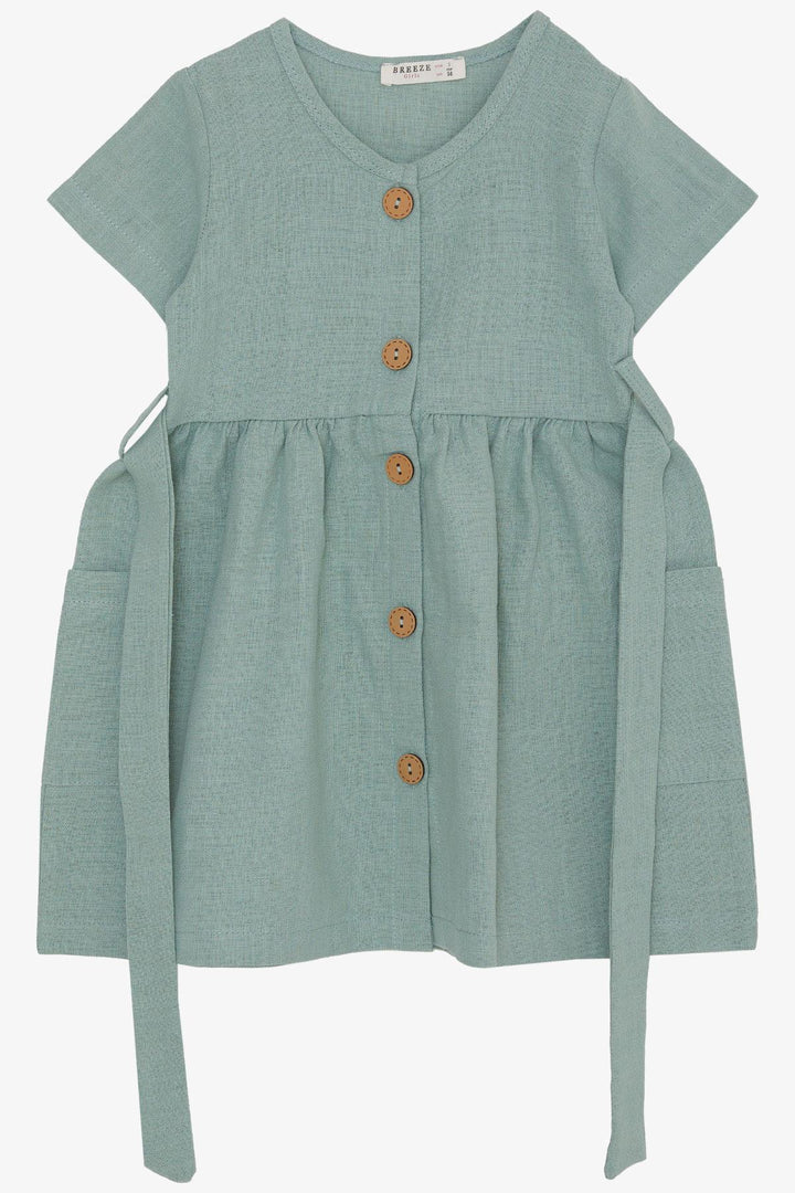 BRE Breeze Girl's Linen Dress with Buttons on the Sides Pockets 1.5-5 Years, Mint Green - Toretsk