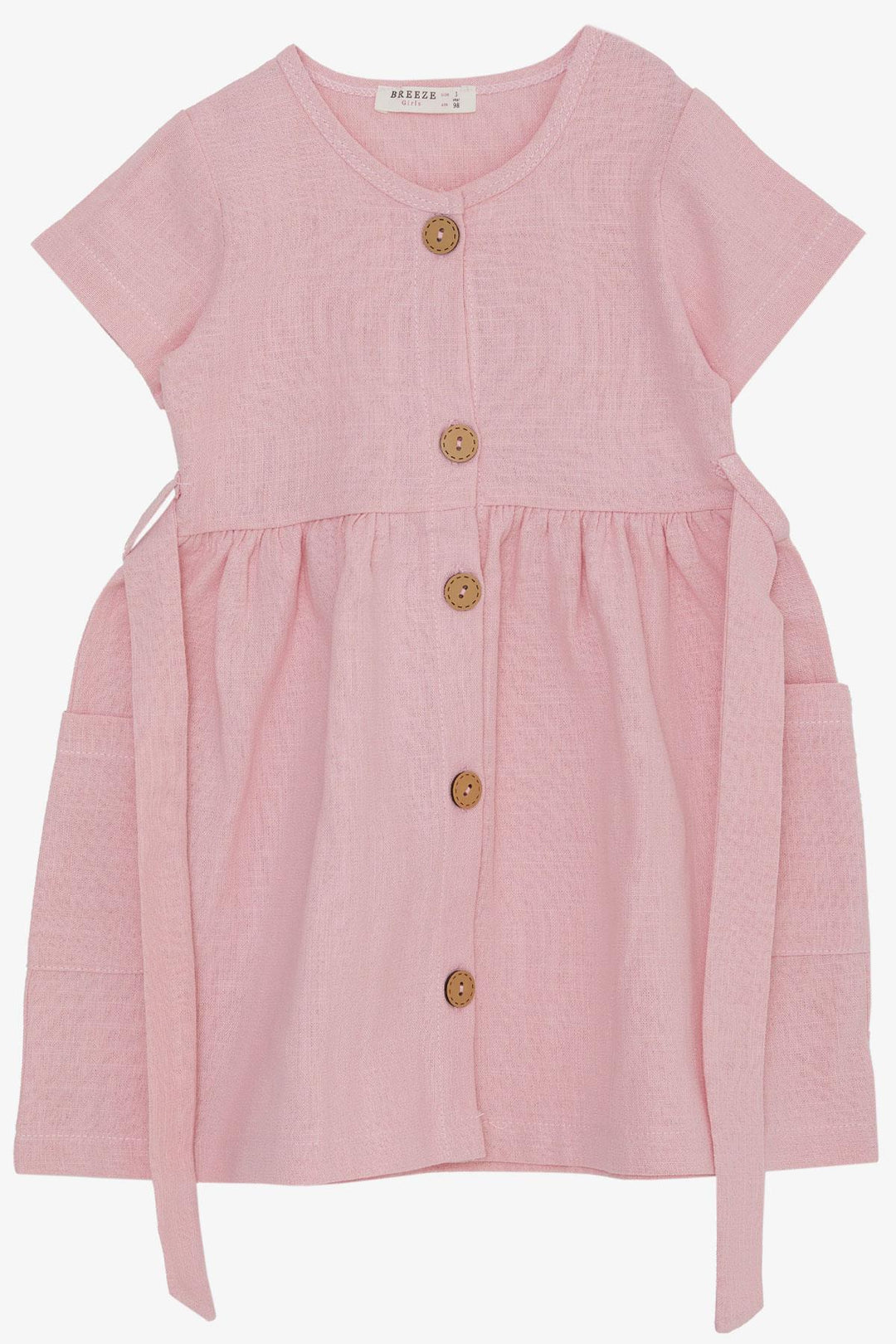 BRE Breeze Girl Child Linen Dress Buttoned Sides with Pockets 1.5-5 Years, Pink - Villafranca del Panadés
