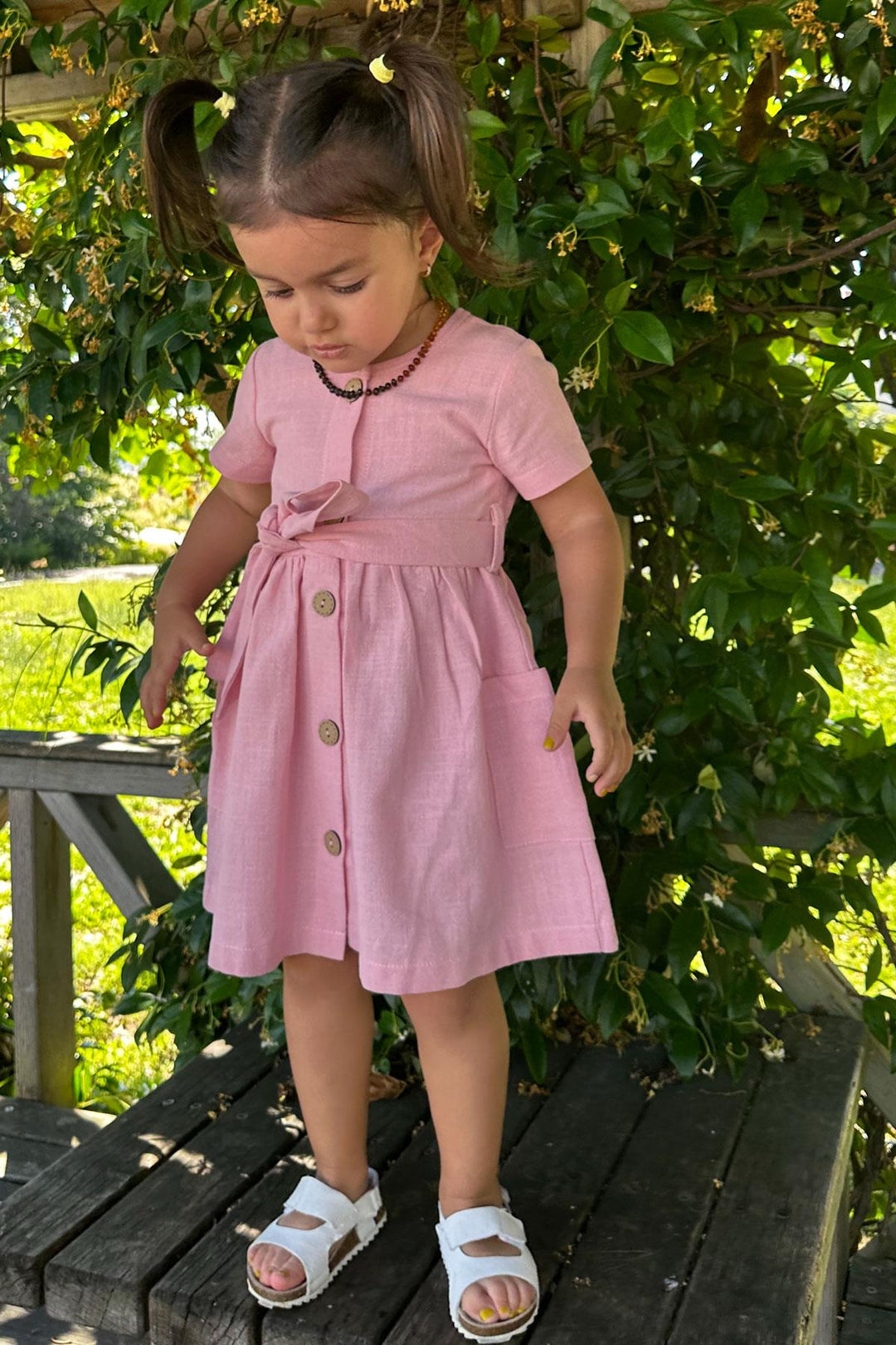 BRE Breeze Girl Child Linen Dress Buttoned Sides with Pockets 1.5-5 Years, Pink - Villafranca del Panadés