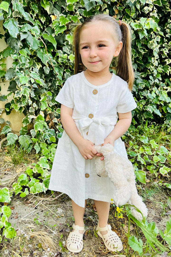 BRE Breeze Girl's Linen Dress with Buttons on the Sides Pockets 1.5-5 Years, Ecru - Bayonne