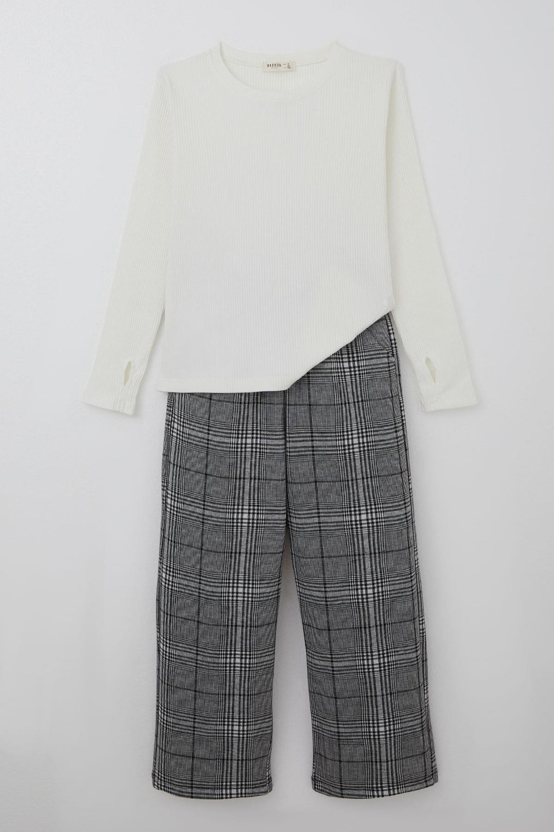 BRE Breeze Girl Child Set with Pants Blouse Finger Detailed Pants Plaid Patterned 84 Years, Ecru - Lowell