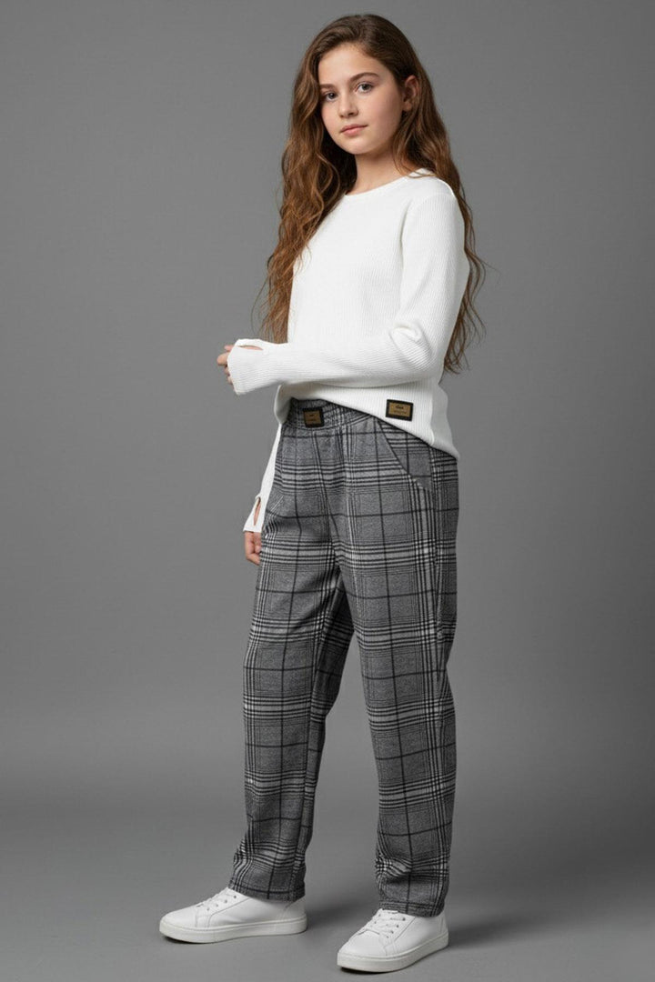 BRE Breeze Girl Child Set with Pants Blouse Finger Detailed Pants Plaid Patterned 84 Years, Ecru - Lowell