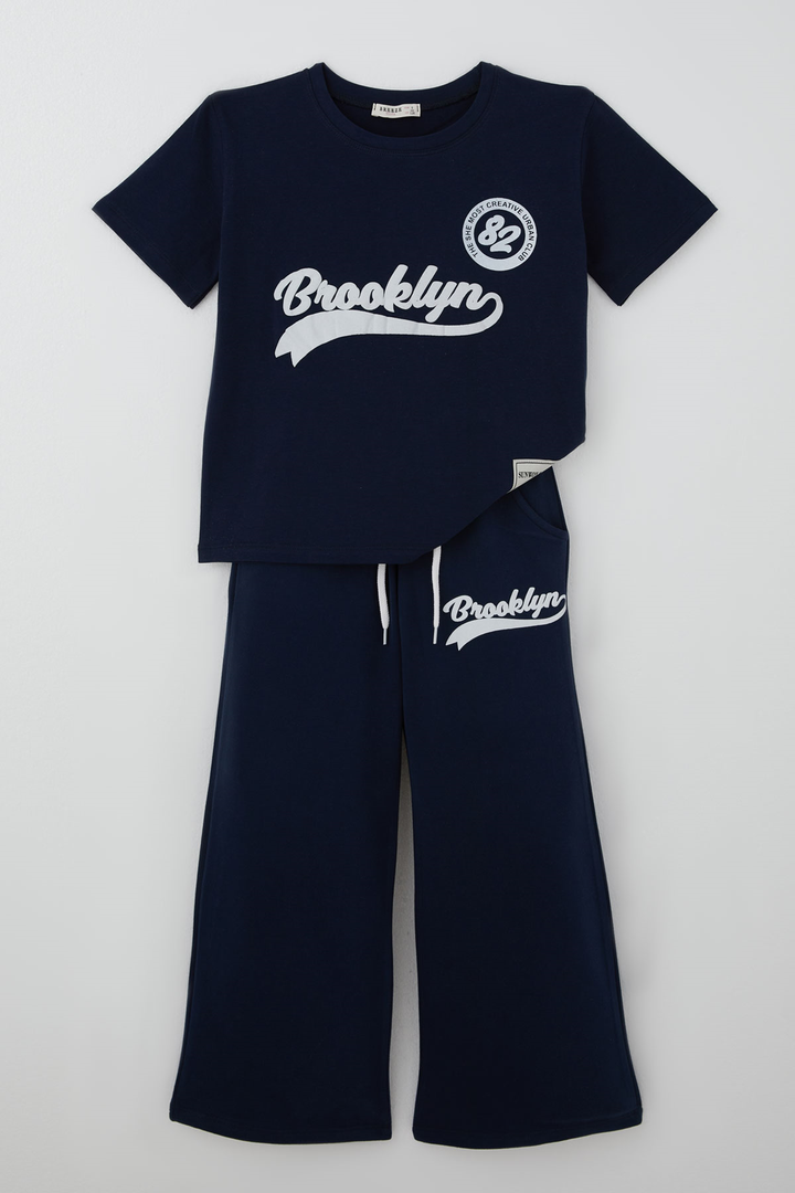 BRE Breeze Kız Çocuk Pantolonlu Takım Brooklyn Yazı Baskılı Bağcıklı 84 Yaş, Lacivert - Stolberg