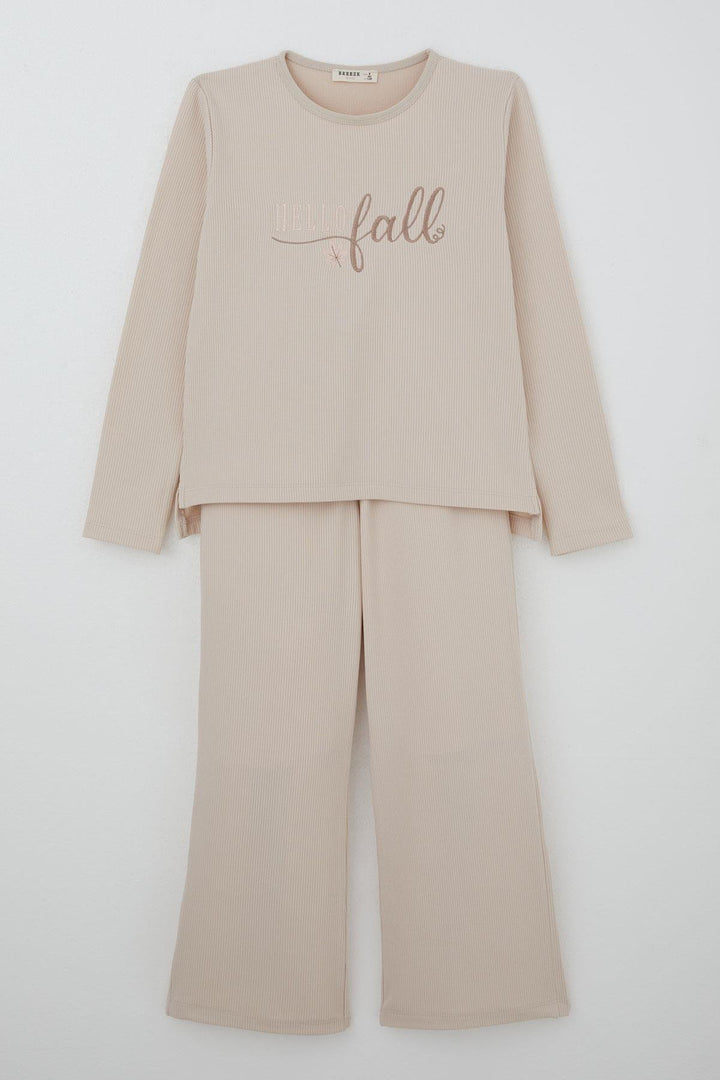 BRE Breeze Girl's Pants Set with Embroidered Summer Writing, 5-9 Years, Beige - San Pedro Mixtepec