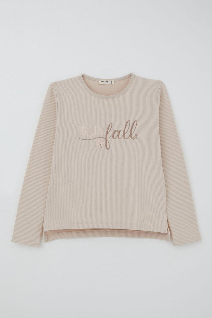 BRE Breeze Girl's Pant Set with Embroidered Summer Writing, Beige, 5-9 Years - Coram