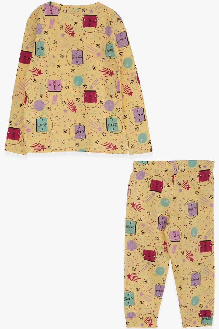 BRE Macaw Girl's Pyjama Set Astronaut Kitten Patterned, 3-7 Years, Yellow - Antony