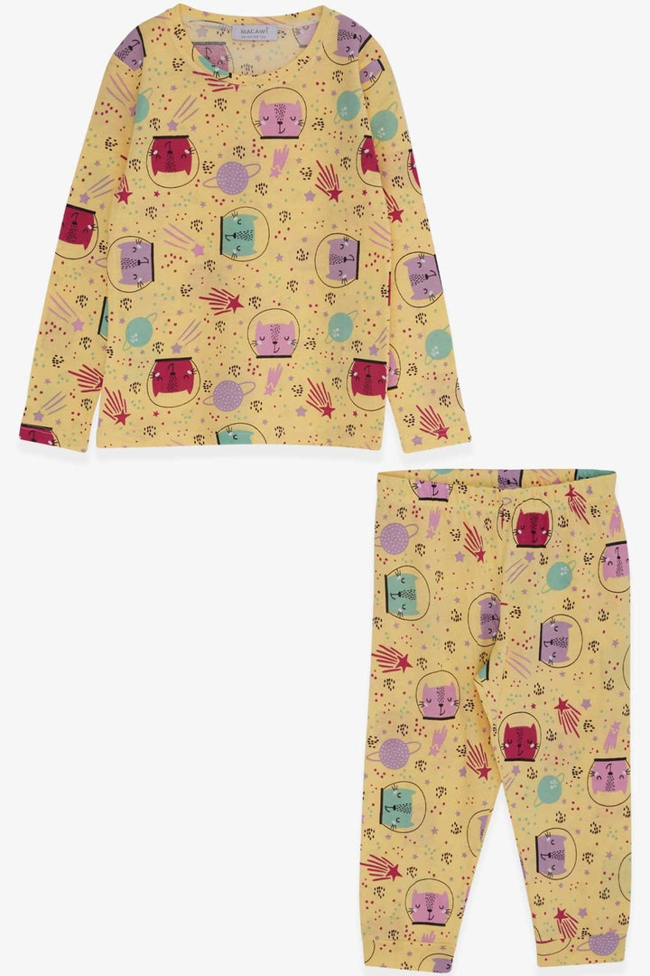 BRE Macaw Girl's Pyjama Set Astronaut Kitten Patterned, 3-7 Years, Yellow - Antony