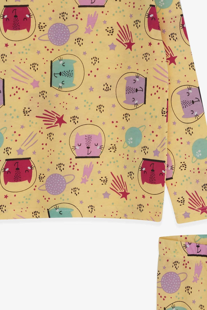 BRE Macaw Girl's Pyjama Set Astronaut Kitten Patterned, 3-7 Years, Yellow - Antony