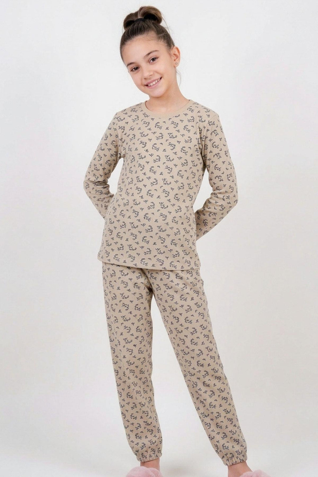 BRE Breeze Kız Çocuk Pijama Takımı Çiçek Desenli Beli Paçası Lastikli 92 Yaş, Bej - Torre del Greco