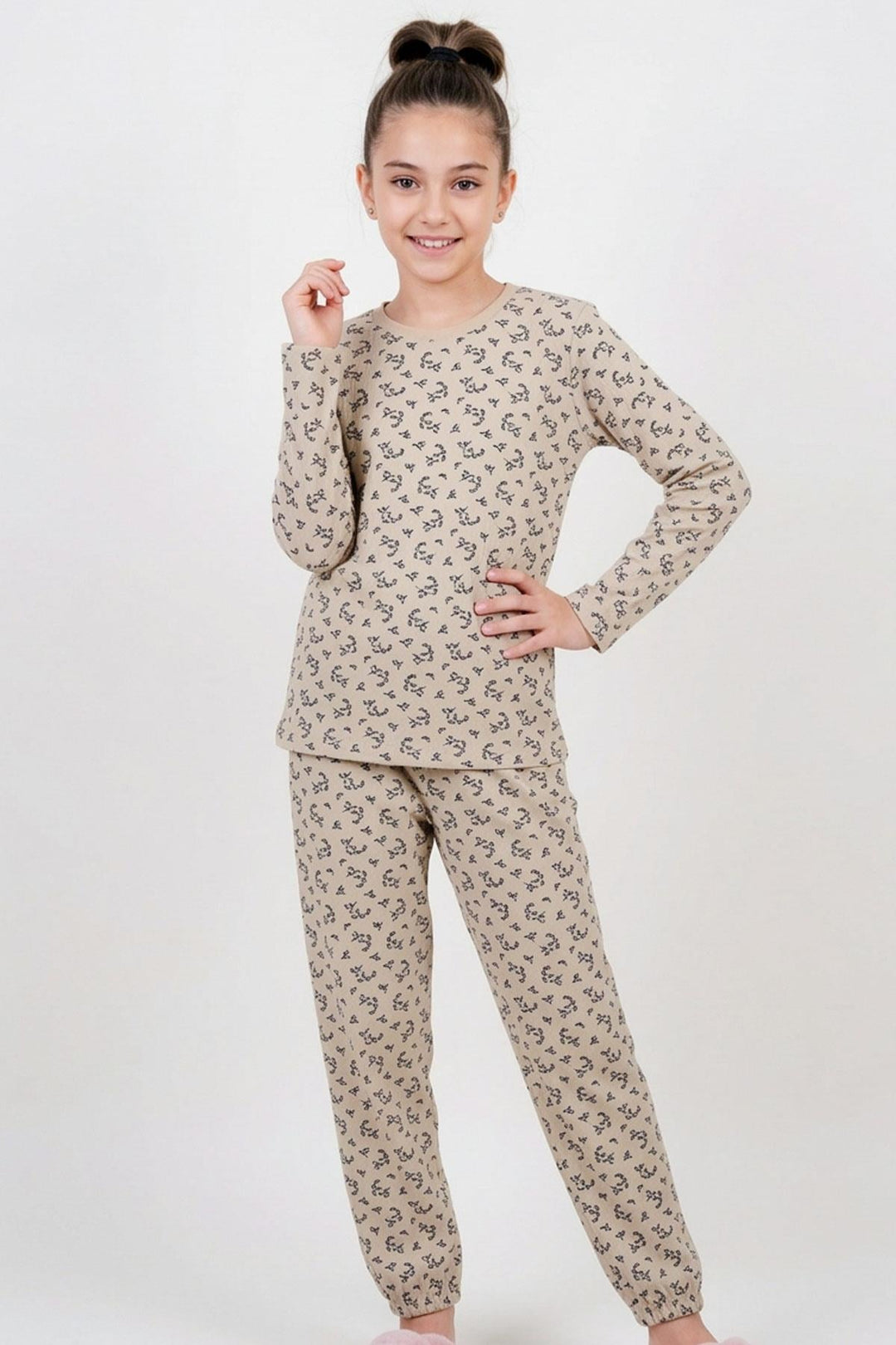 BRE Breeze Kız Çocuk Pijama Takımı Çiçek Desenli Beli Paçası Lastikli 92 Yaş, Bej - Torre del Greco