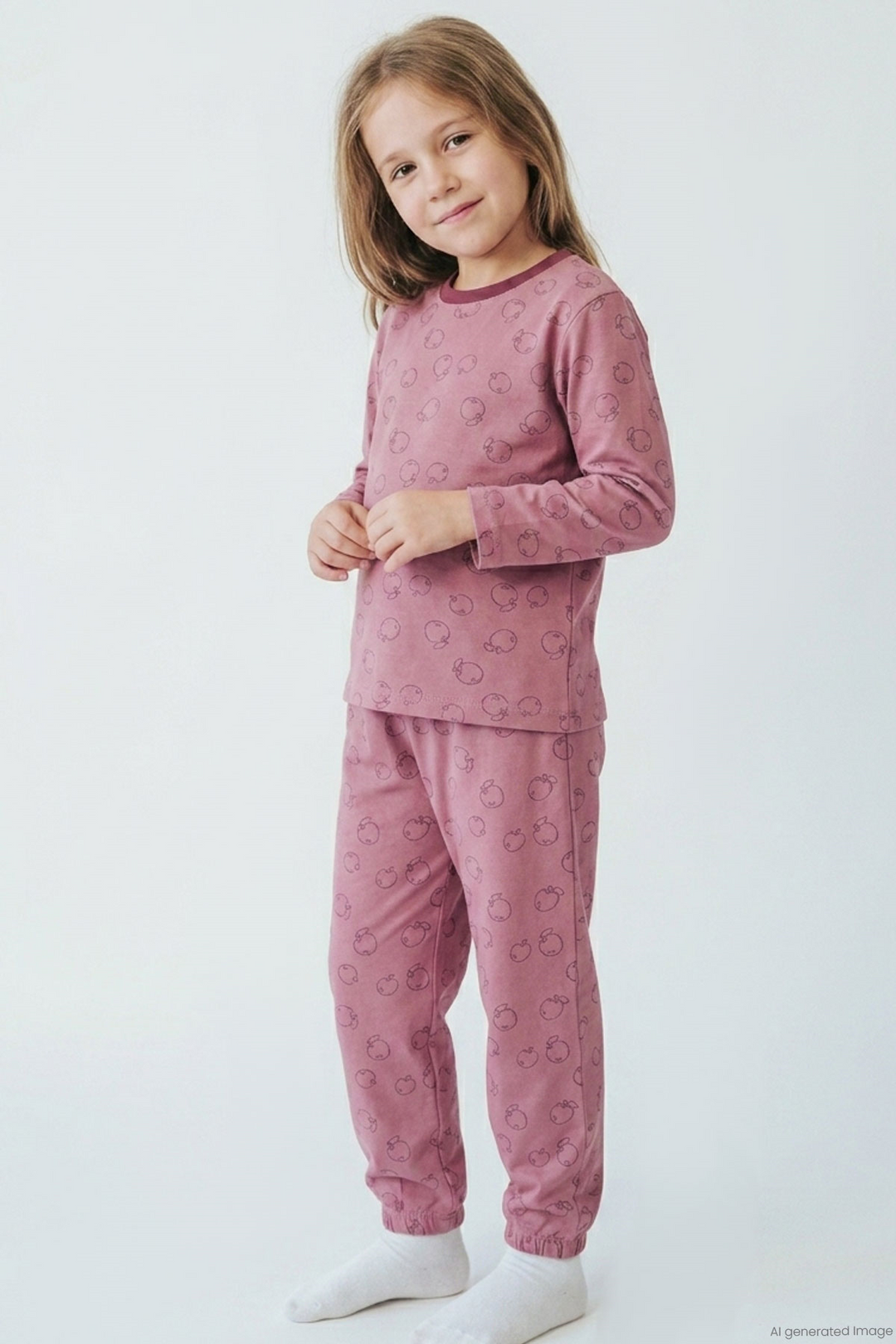 BRE Breeze Kız Çocuk Pijama Takımı Elma Desenli Beli Paçası Lastikli 4-8 Yaş, Gülkurusu - Portage