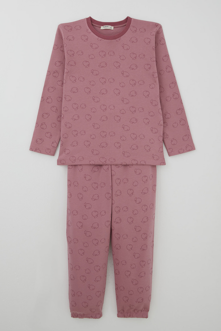 BRE Breeze Kız Çocuk Pijama Takımı Elma Desenli Beli Paçası Lastikli 4-8 Yaş, Gülkurusu - Portage