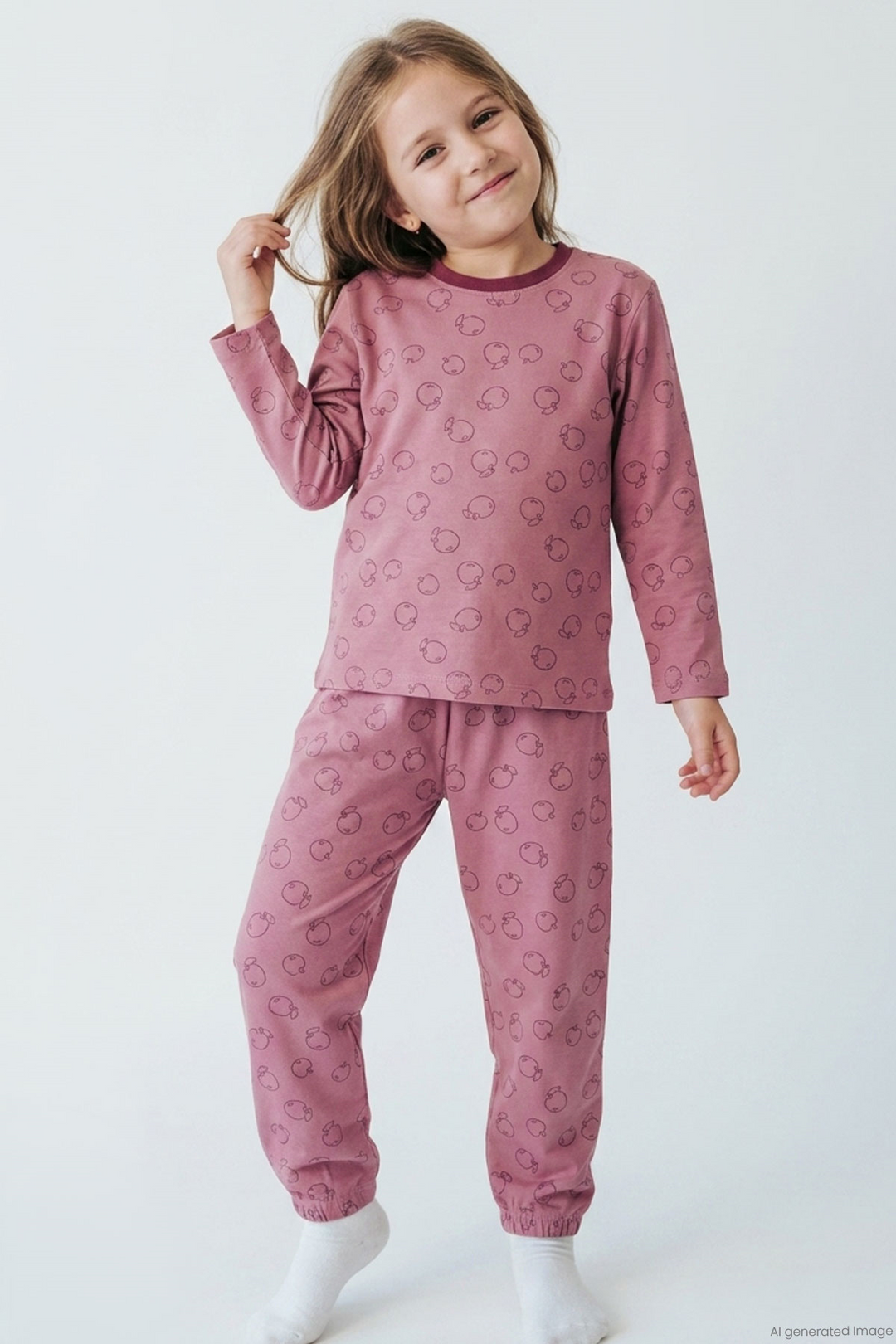 BRE Breeze Kız Çocuk Pijama Takımı Elma Desenli Beli Paçası Lastikli 4-8 Yaş, Gülkurusu - Portage