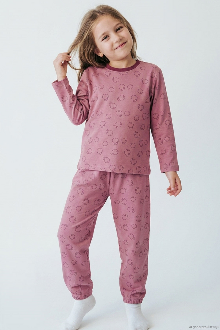BRE Breeze Kız Çocuk Pijama Takımı Elma Desenli Beli Paçası Lastikli 4-8 Yaş, Gülkurusu - Portage