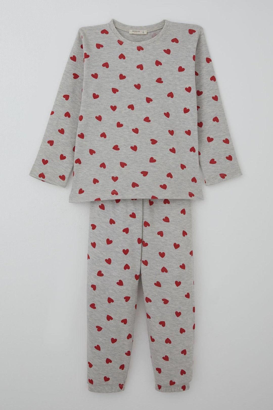 BRE Breeze Kız Çocuk Pijama Takımı Kalp Desenli 4-8 Yaş, Açık Gri Melanj - Moita