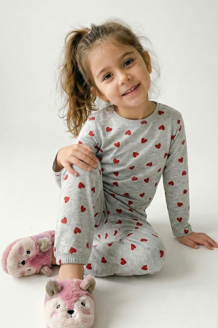 BRE Breeze Kız Çocuk Pijama Takımı Kalp Desenli 4-8 Yaş, Açık Gri Melanj - Moita