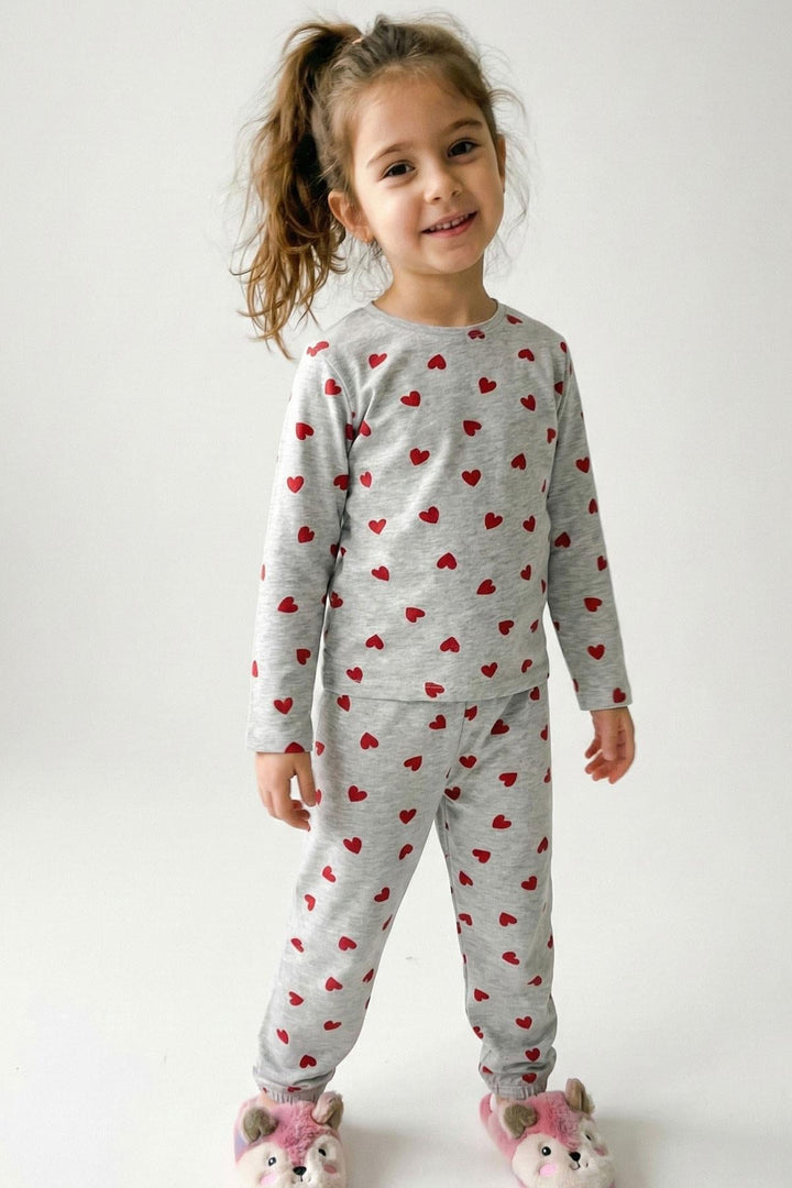 BRE Breeze Kız Çocuk Pijama Takımı Kalp Desenli 4-8 Yaş, Açık Gri Melanj - Moita