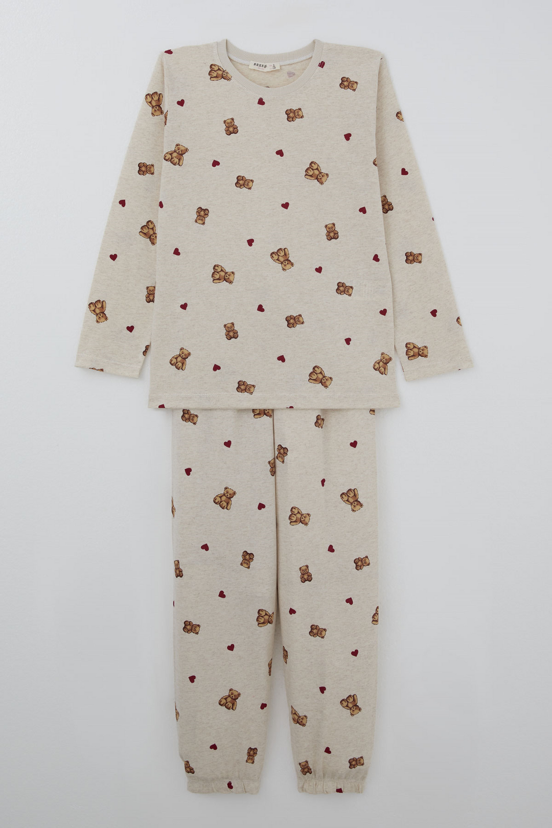 BRE Breeze Kız Çocuk Pijama Takımı Kalp & Sevimli Oyuncak Ayıcık Desenli 4-8 Yaş, Bej Melanj - Miami Gardens