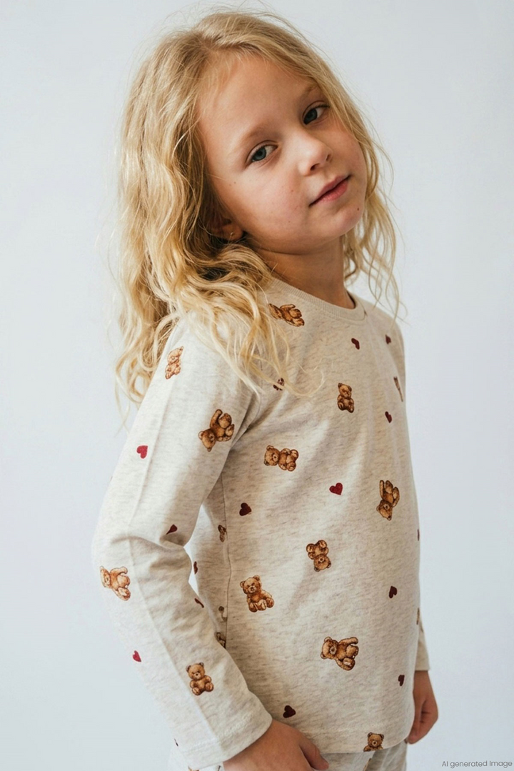 BRE Breeze Kız Çocuk Pijama Takımı Kalp & Sevimli Oyuncak Ayıcık Desenli 4-8 Yaş, Bej Melanj - Miami Gardens