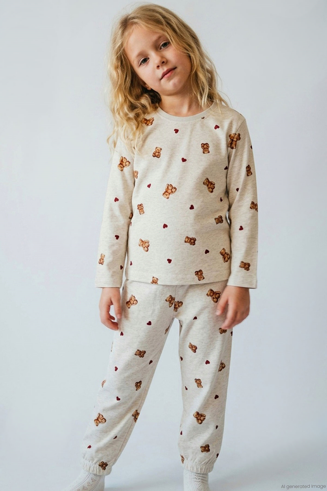 BRE Breeze Kız Çocuk Pijama Takımı Kalp & Sevimli Oyuncak Ayıcık Desenli 4-8 Yaş, Bej Melanj - Miami Gardens