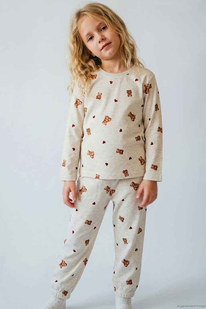 BRE Breeze Kız Çocuk Pijama Takımı Kalp & Sevimli Oyuncak Ayıcık Desenli 4-8 Yaş, Bej Melanj - Miami Gardens