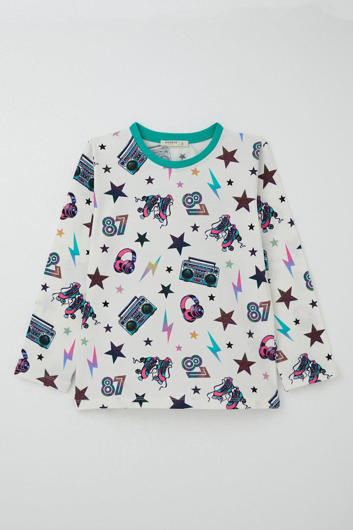 BRE Breeze Girl's Pajama Set Music Themed Star Patterned 4-8 Years, Ecru - Lancaster